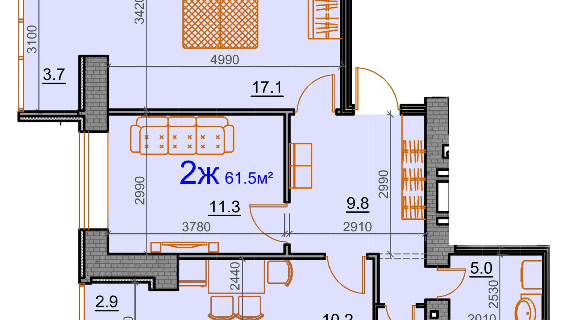 Планування 2-кімнатної квартири в ЖК Курортний 61.5 м², фото 549341