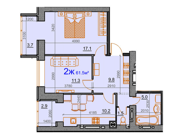 ЖК Курортный: планировка 2-комнатной квартиры 61.5 м²
