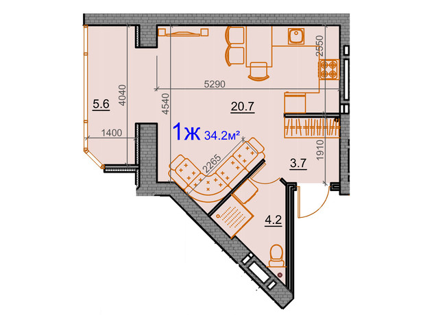 ЖК Курортний: планування 1-кімнатної квартири 34.2 м²