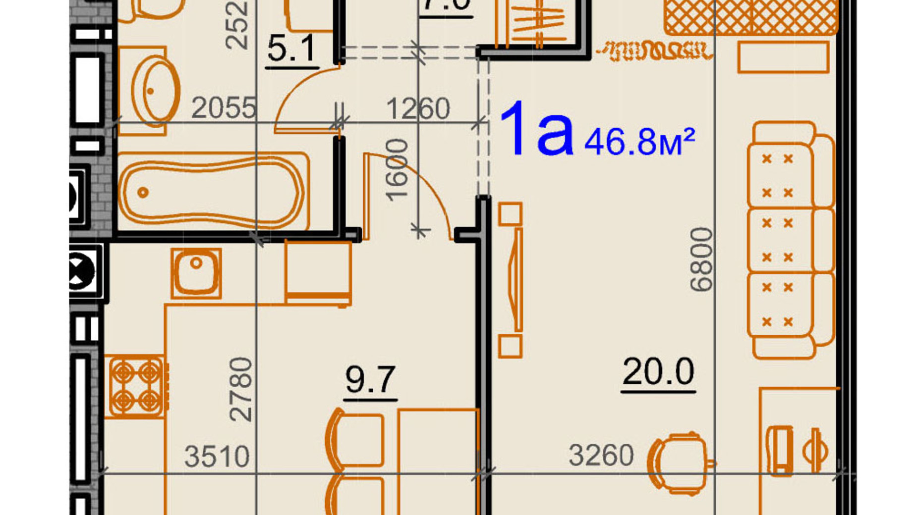 Планування 1-кімнатної квартири в ЖК Курортний 46.8 м², фото 549343