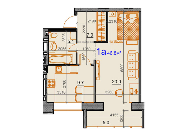 ЖК Курортний: планування 1-кімнатної квартири 46.8 м²