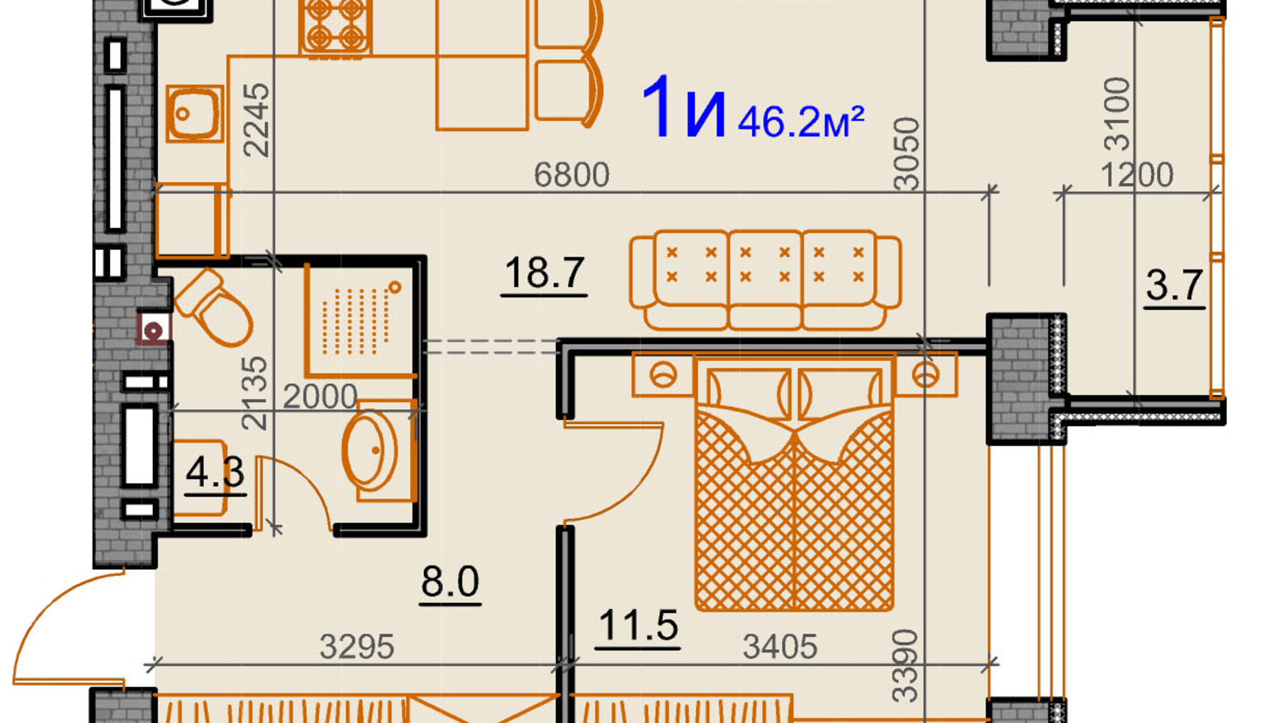 Планування 1-кімнатної квартири в ЖК Курортний 46.2 м², фото 549344