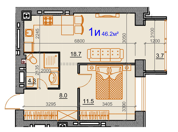 ЖК Курортний: планування 1-кімнатної квартири 46.2 м²