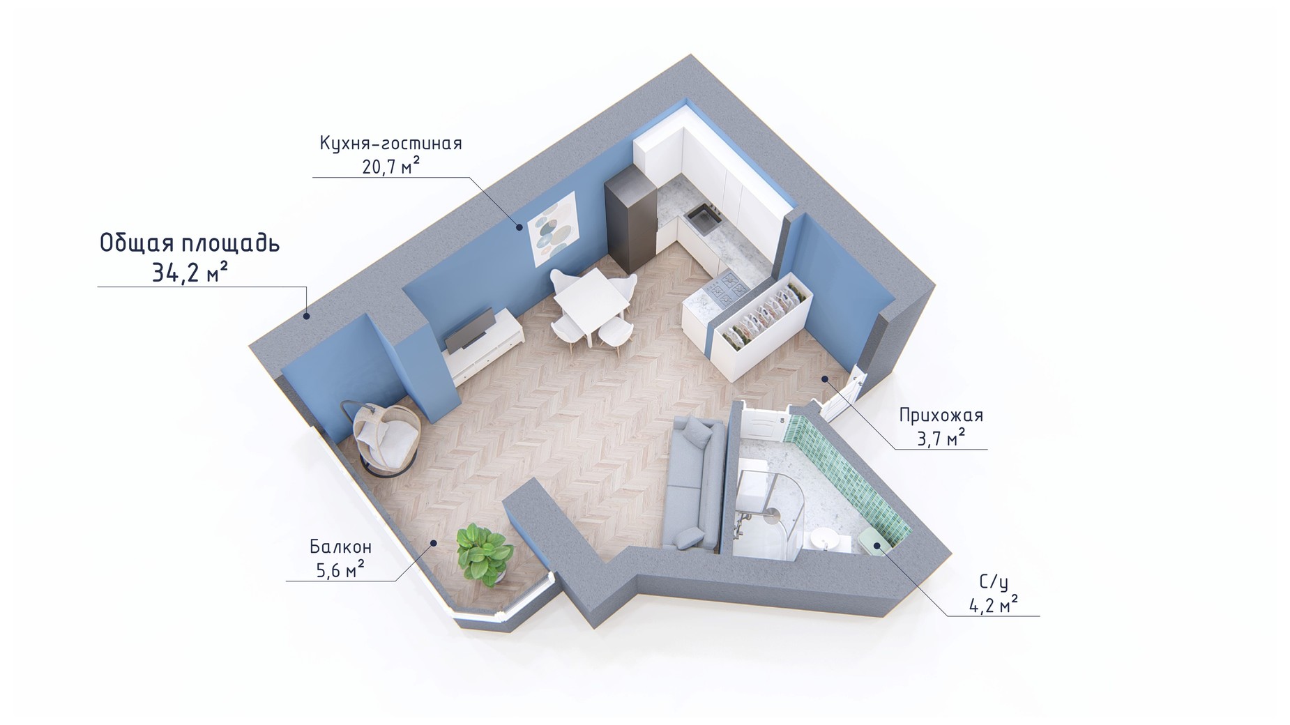 Планировка 1-комнатной квартиры в ЖК Курортный 34.2 м², фото 549347