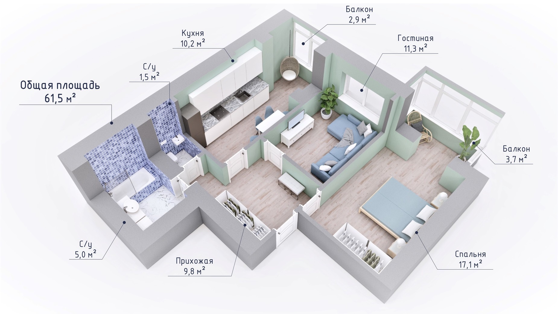 Планування 2-кімнатної квартири в ЖК Курортний 61.5 м², фото 549349