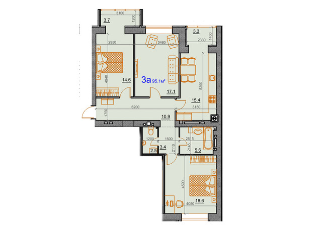 ЖК Курортный: планировка 3-комнатной квартиры 95.1 м²