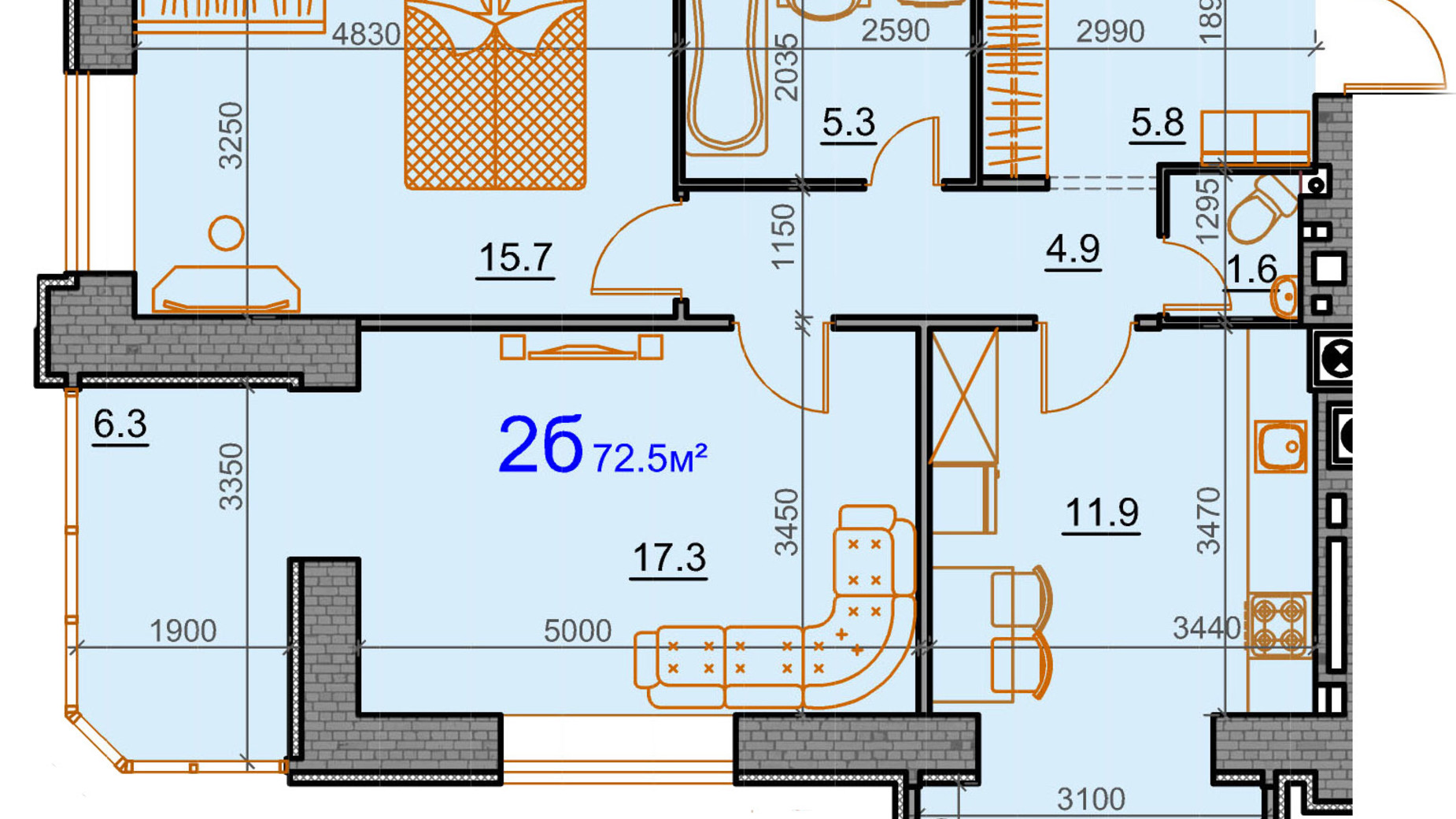 Планування 2-кімнатної квартири в ЖК Курортний 72.5 м², фото 549352