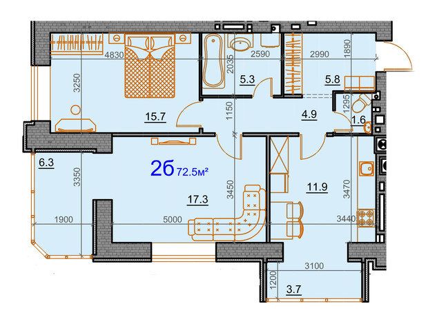 ЖК Курортный: планировка 2-комнатной квартиры 72.5 м²