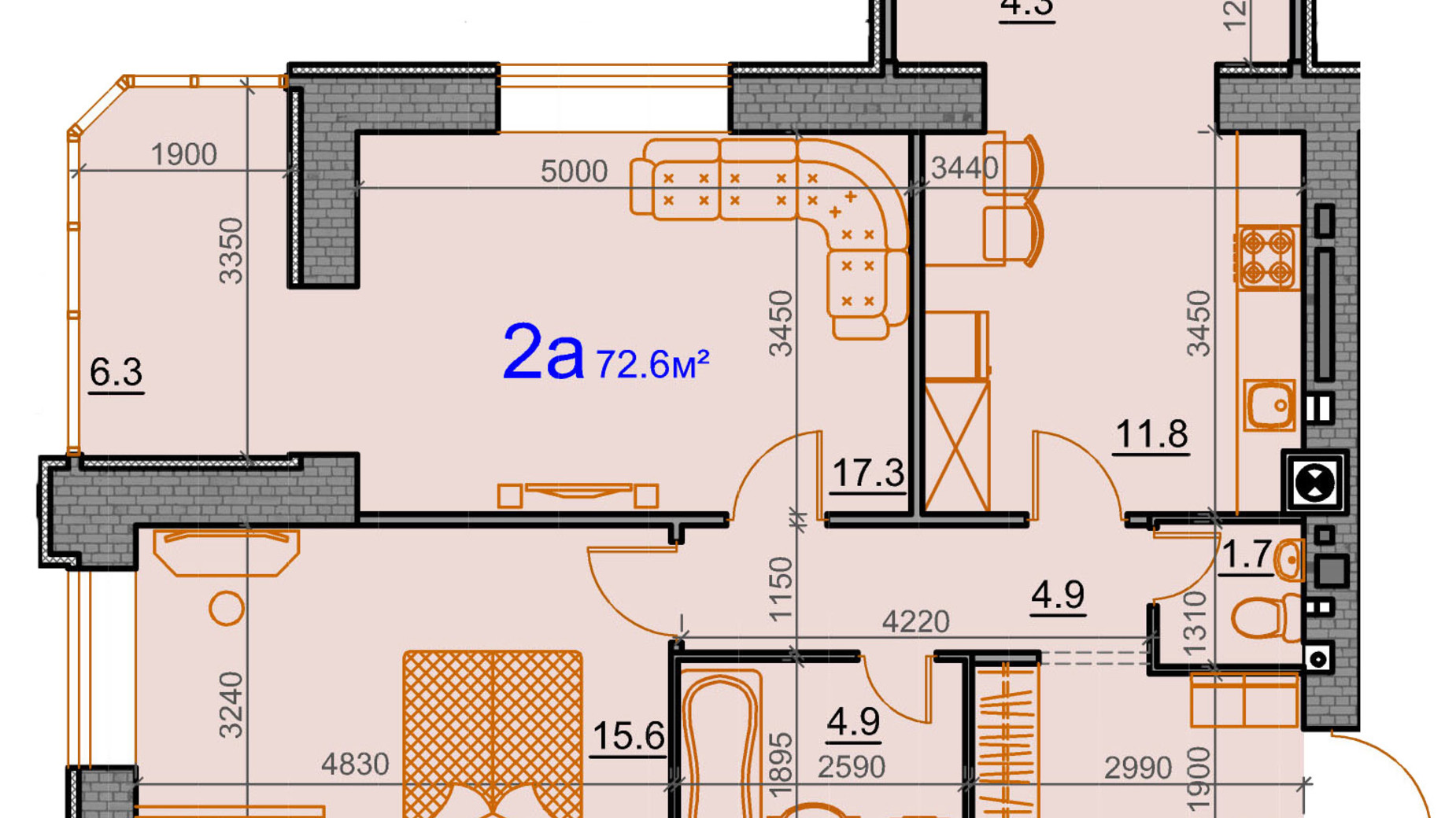 Планування 2-кімнатної квартири в ЖК Курортний 72.6 м², фото 549353