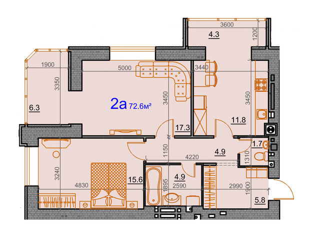 ЖК Курортный: планировка 2-комнатной квартиры 72.6 м²