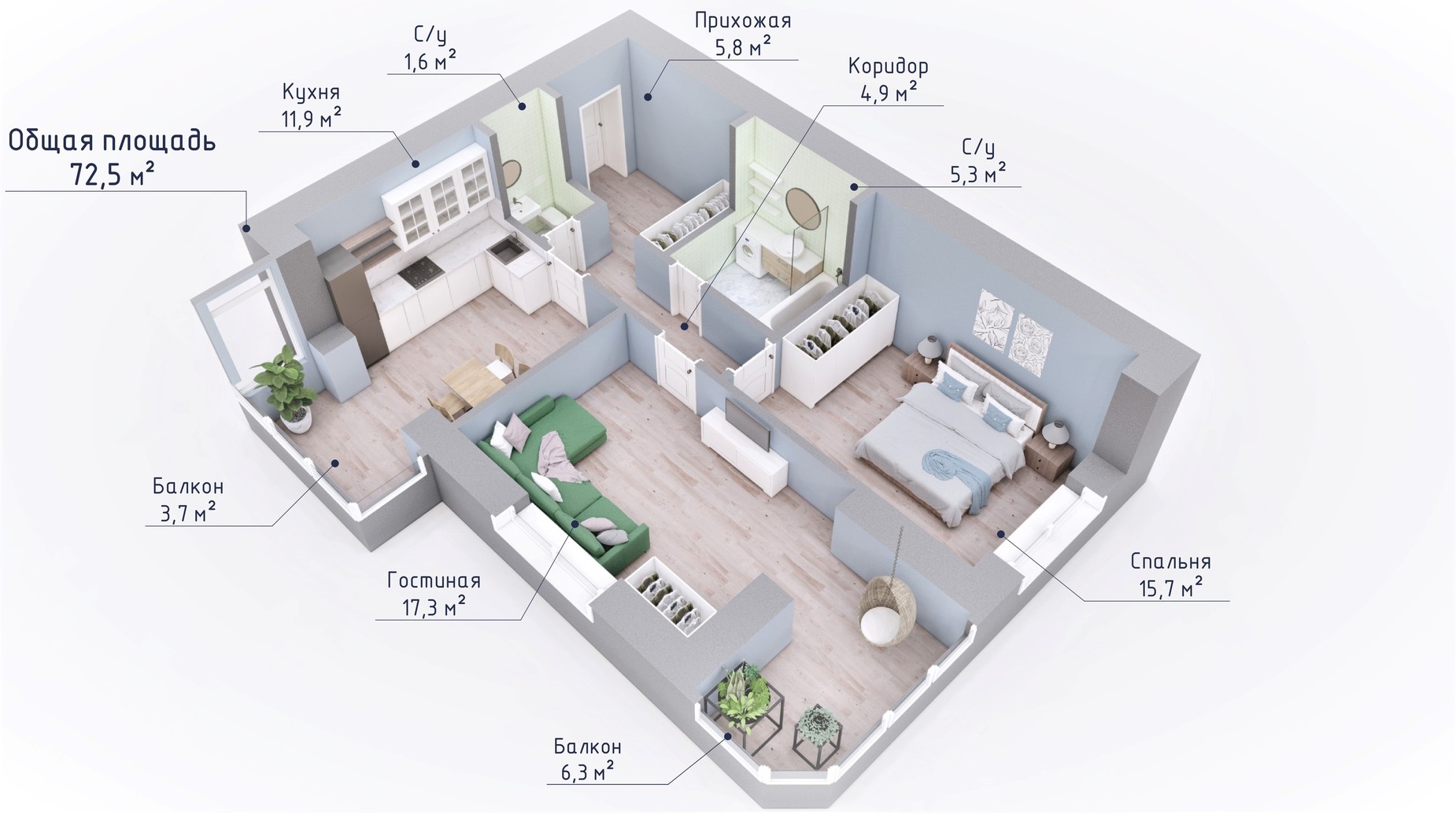 Планировка 2-комнатной квартиры в ЖК Курортный 72.6 м², фото 549356