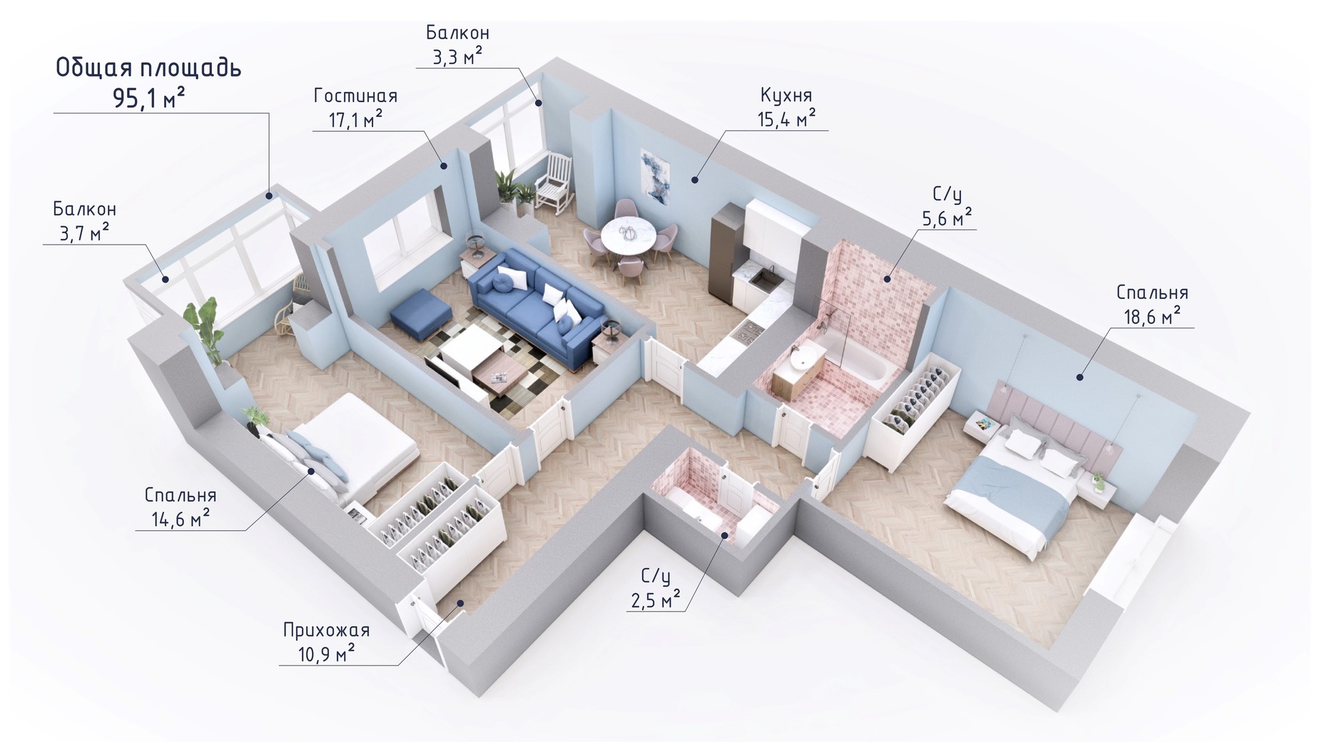 Планировка 3-комнатной квартиры в ЖК Курортный 95.1 м², фото 549357