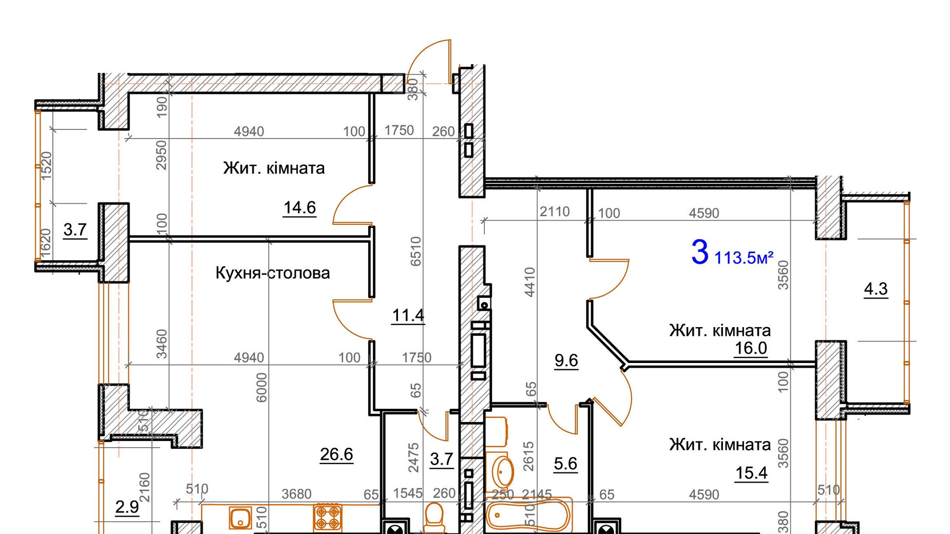 Планировка 4-комнатной квартиры в ЖК Курортный 113.5 м², фото 549360