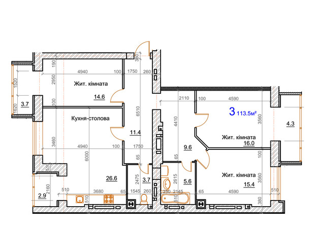 ЖК Курортный: планировка 4-комнатной квартиры 113.5 м²