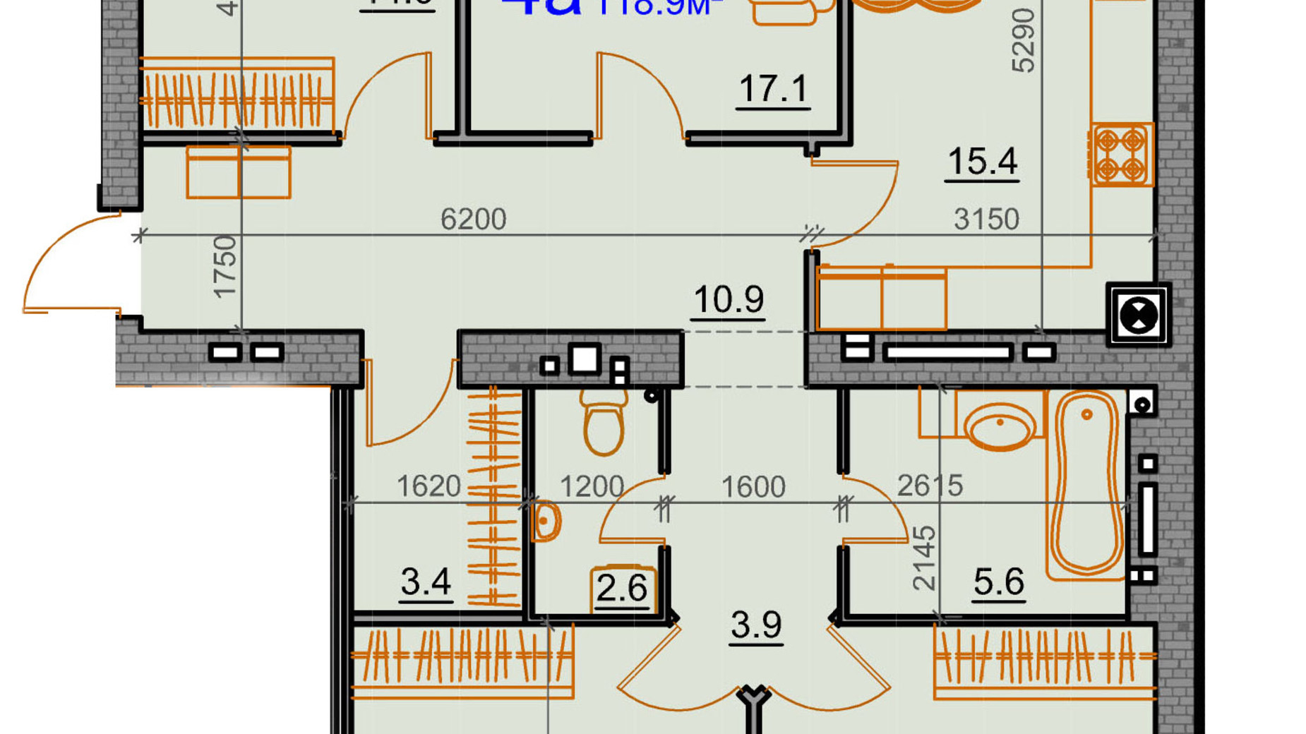 Планування 4-кімнатної квартири в ЖК Курортний 118.9 м², фото 549361