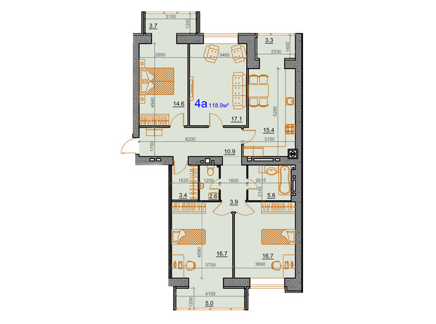 ЖК Курортний: планування 4-кімнатної квартири 118.9 м²