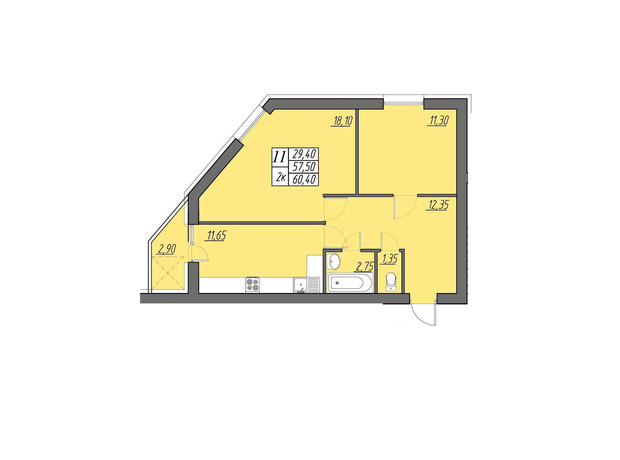 ЖК Best Village Байковцы: планировка 2-комнатной квартиры 60.4 м²