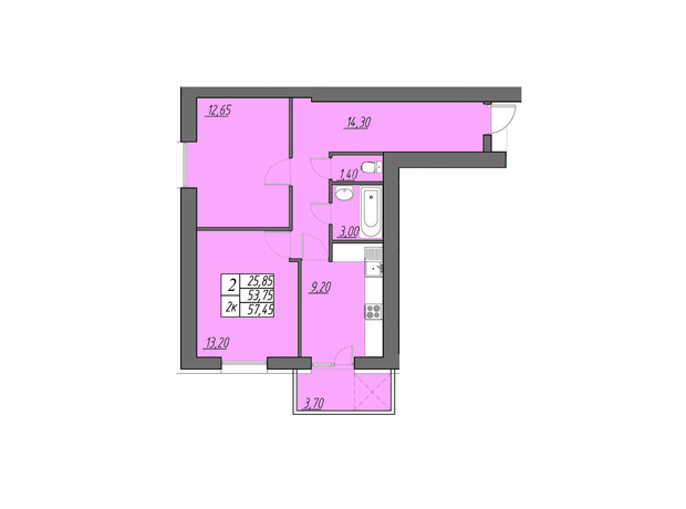 ЖК Best Village Байковцы: планировка 2-комнатной квартиры 57.45 м²
