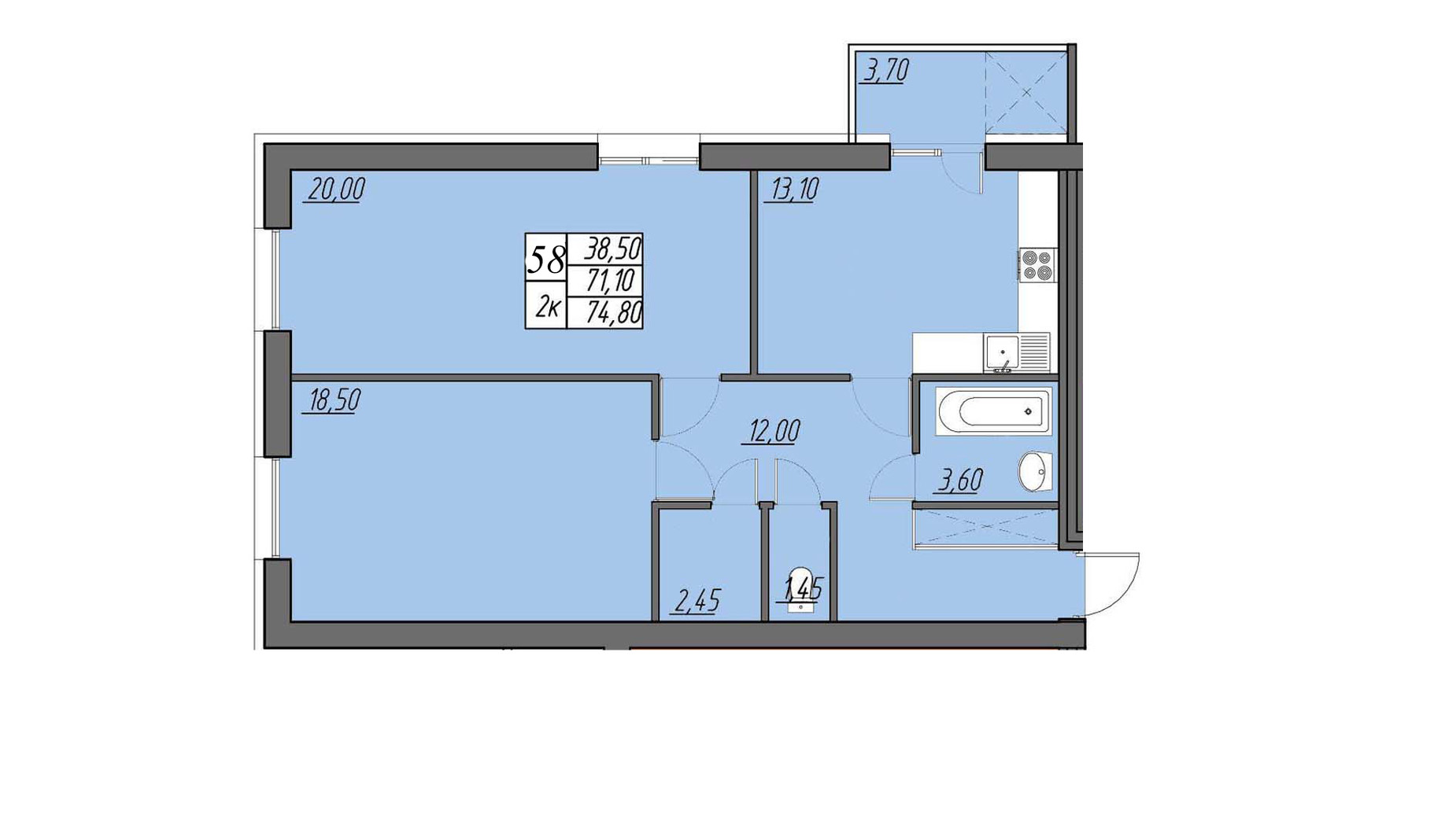 Планировка 2-комнатной квартиры в ЖК Best Village Байковцы 74.8 м², фото 549816