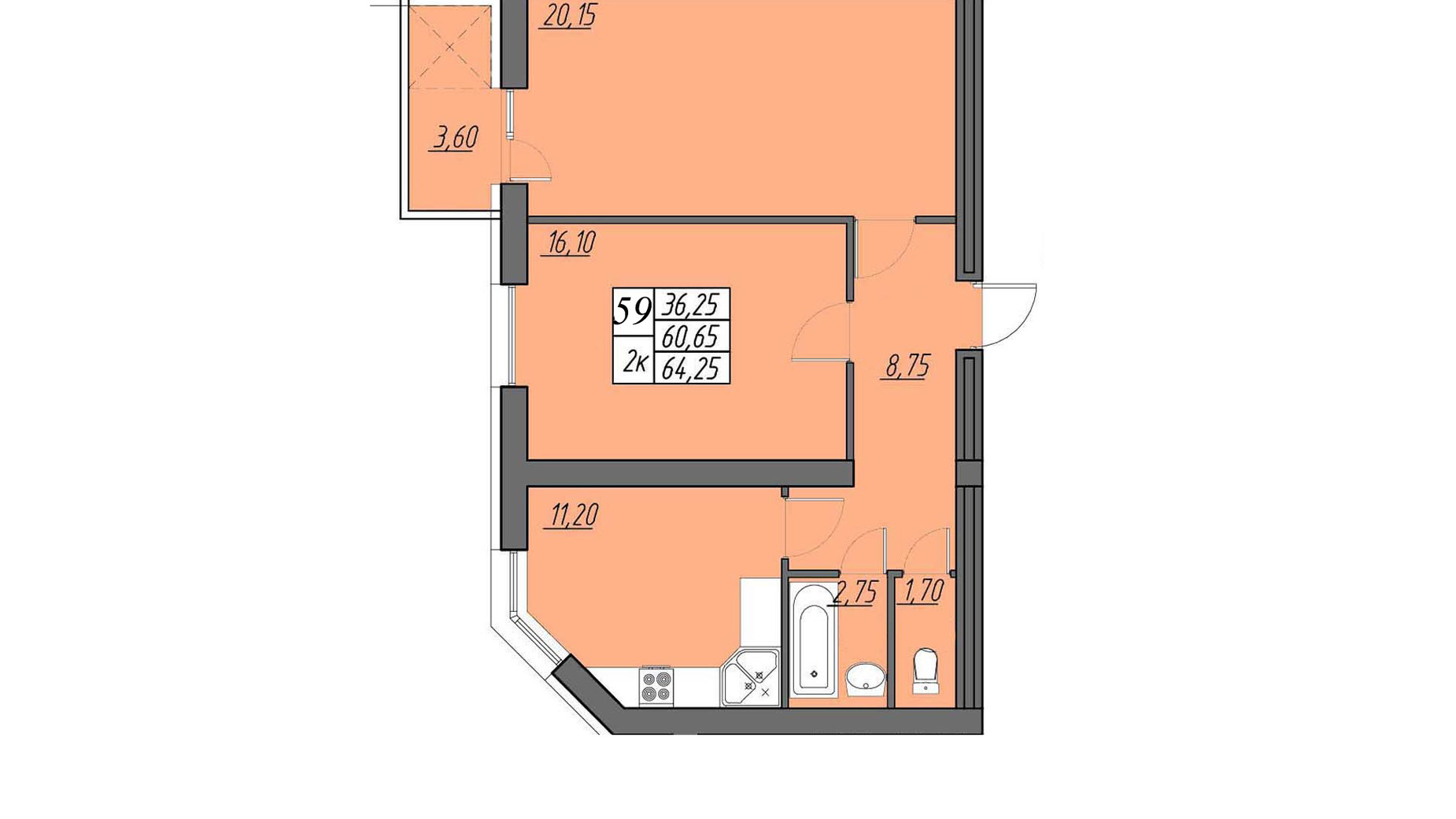Планировка 2-комнатной квартиры в ЖК Best Village Байковцы 64.25 м², фото 549817
