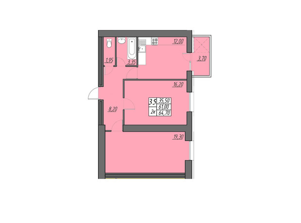 ЖК Best Village Байковцы: планировка 2-комнатной квартиры 64.7 м²