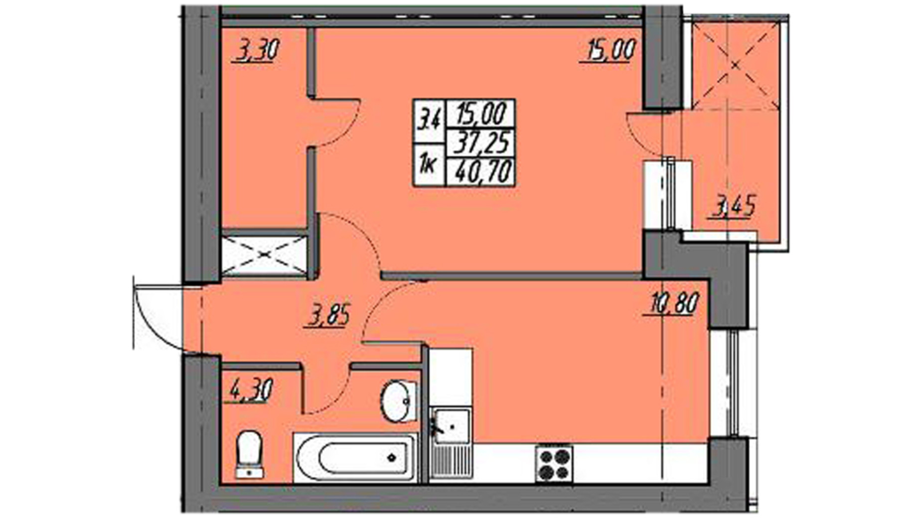 Планування 1-кімнатної квартири в ЖК на Шептицького 40.7 м², фото 549832