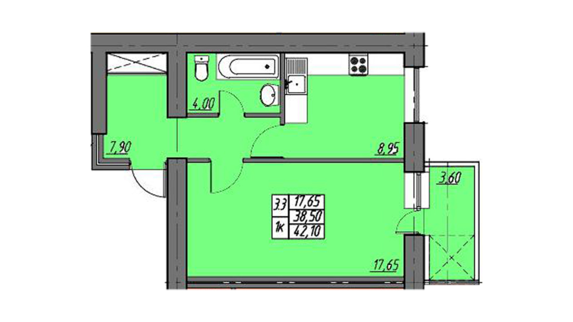 Планування 1-кімнатної квартири в ЖК на Шептицького 42.1 м², фото 549833