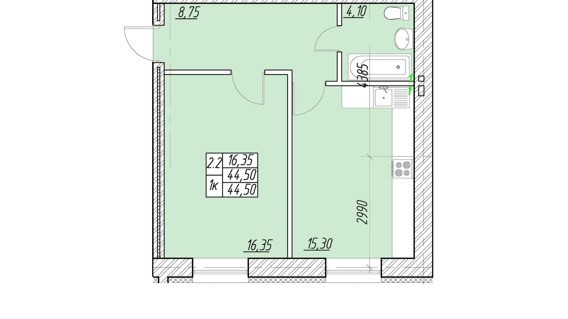 Планировка 1-комнатной квартиры в ЖК на Шептицкого 44.5 м², фото 549840