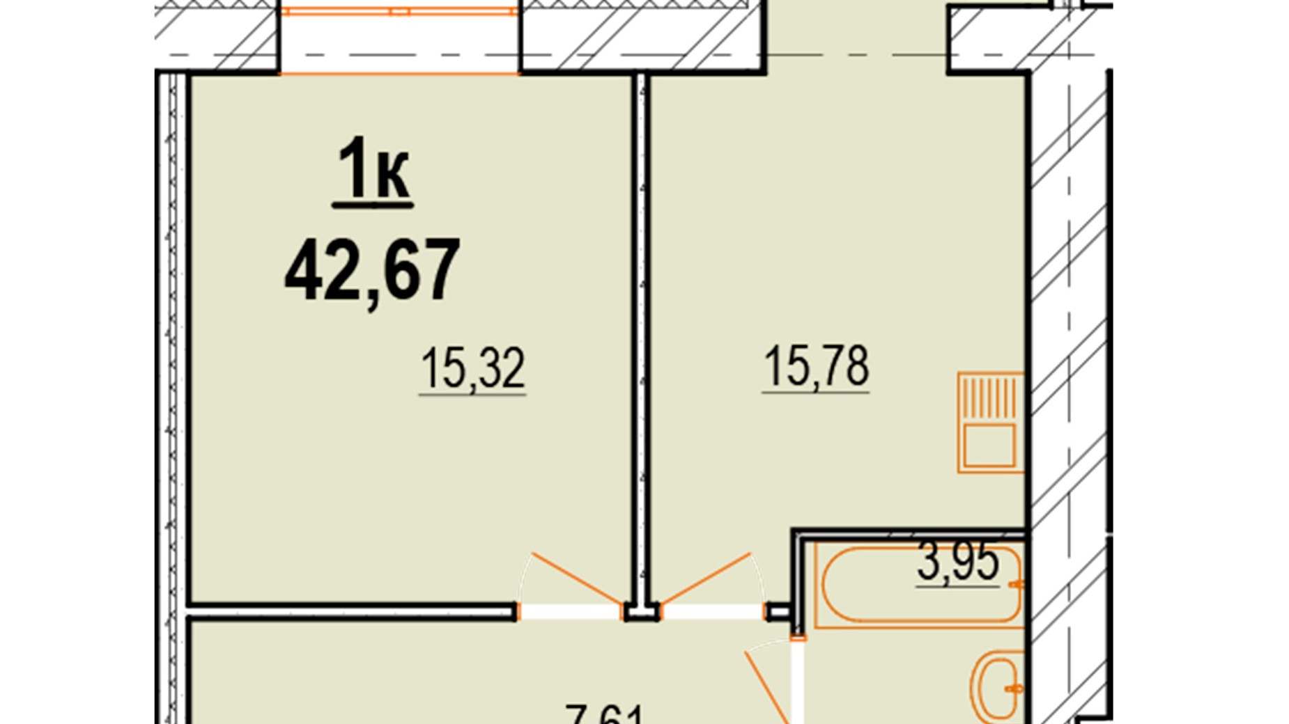 Планування 1-кімнатної квартири в ЖК Староміський 42.67 м², фото 549867