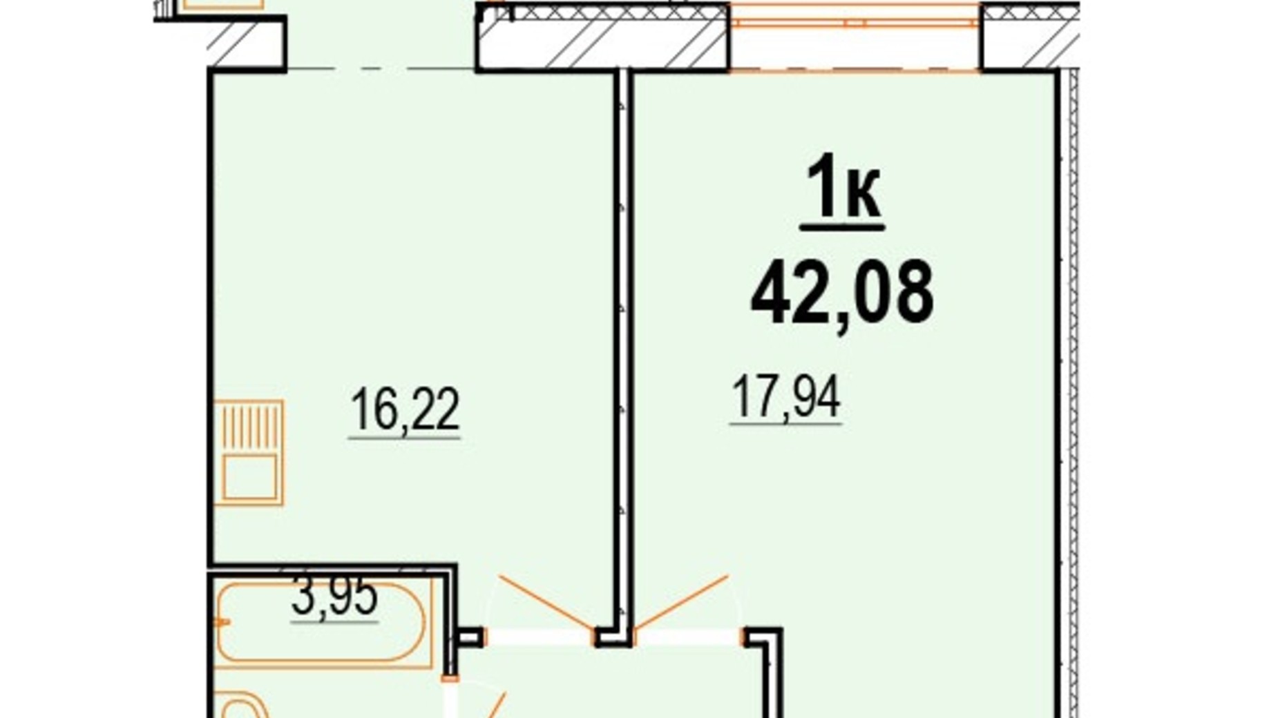 Планування 1-кімнатної квартири в ЖК Староміський 42.08 м², фото 549871