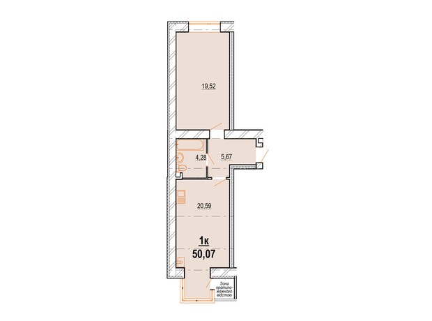 ЖК Старогородский: планировка 1-комнатной квартиры 50.07 м²