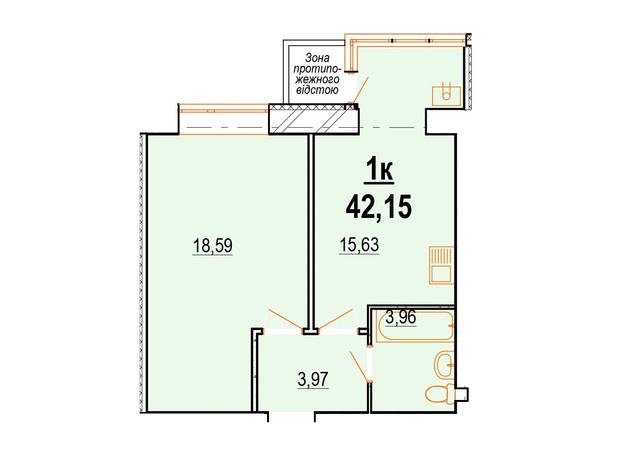 ЖК Староміський: планування 1-кімнатної квартири 41.72 м²