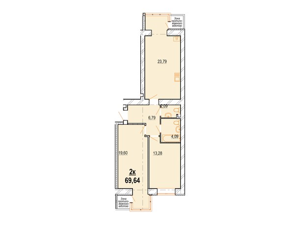 ЖК Старогородский: планировка 2-комнатной квартиры 69.64 м²