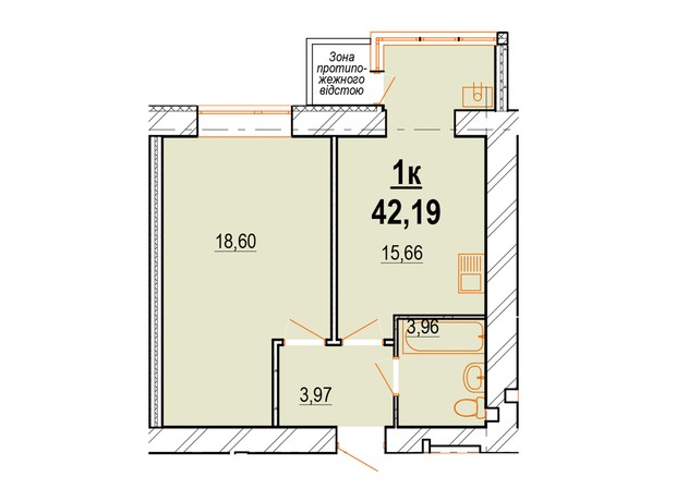 ЖК Старогородский: планировка 1-комнатной квартиры 42.19 м²