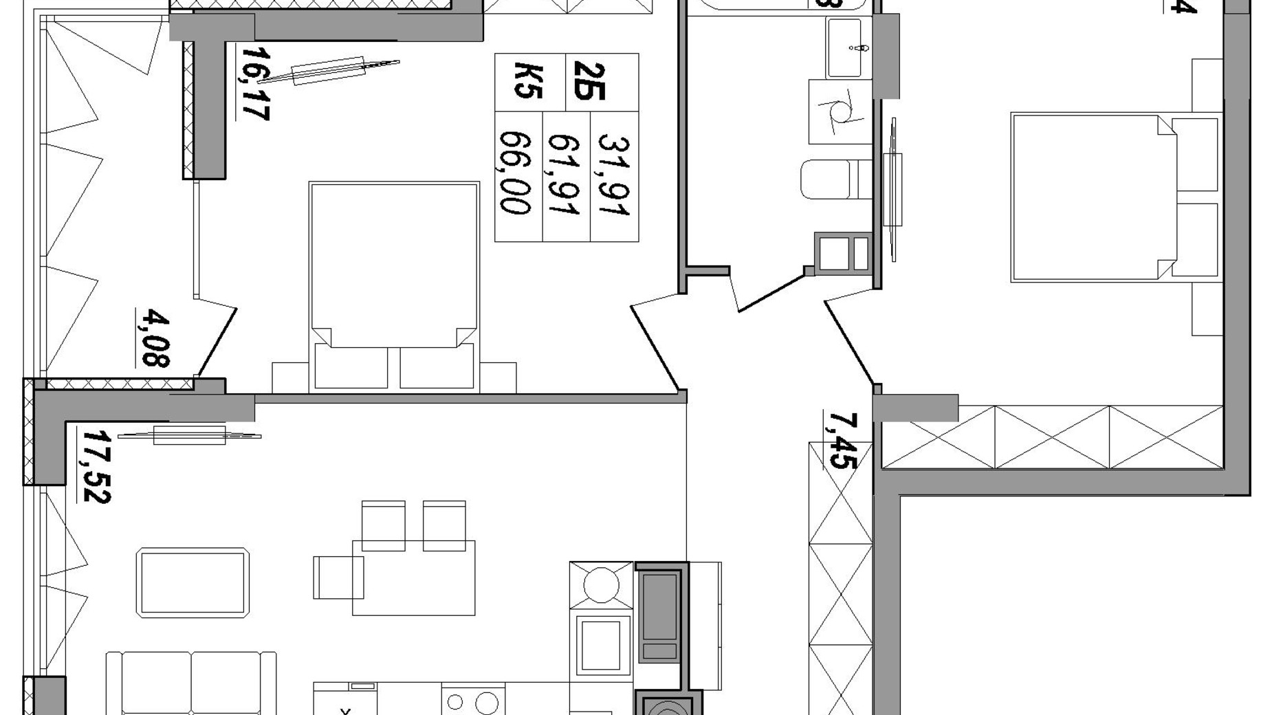 Планування 2-кімнатної квартири в ЖК Сонячна Тераса 66 м², фото 550085