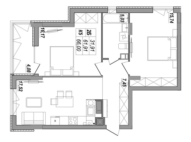 ЖК Солнечная Терраса: планировка 2-комнатной квартиры 66 м²