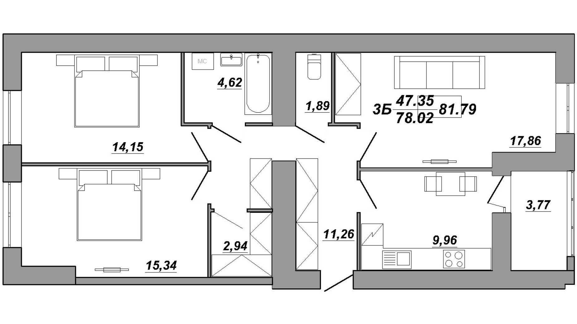 Планировка 3-комнатной квартиры в ЖК Рідний дім 82.3 м², фото 550086