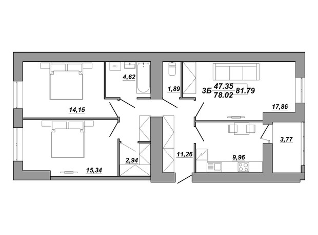 ЖК Рідний дім: планування 3-кімнатної квартири 82.3 м²