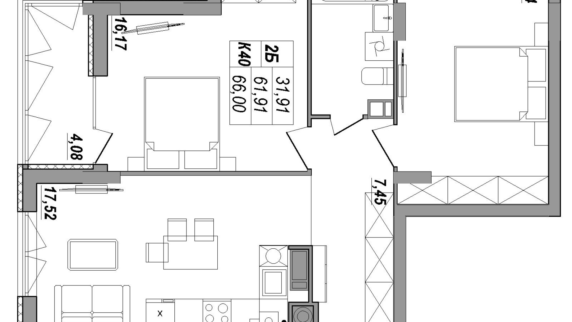 Планировка 2-комнатной квартиры в ЖК Солнечная Терраса 65.99 м², фото 550090