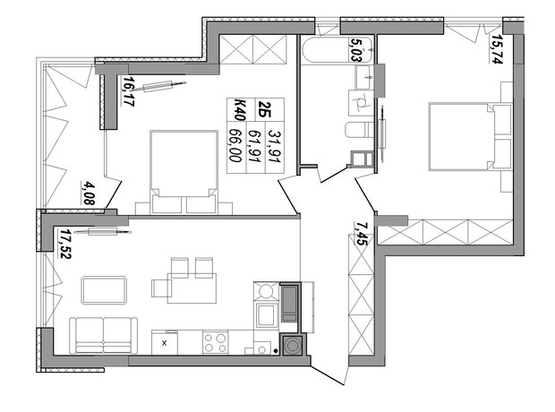 ЖК Сонячна Тераса: планування 2-кімнатної квартири 65.99 м²
