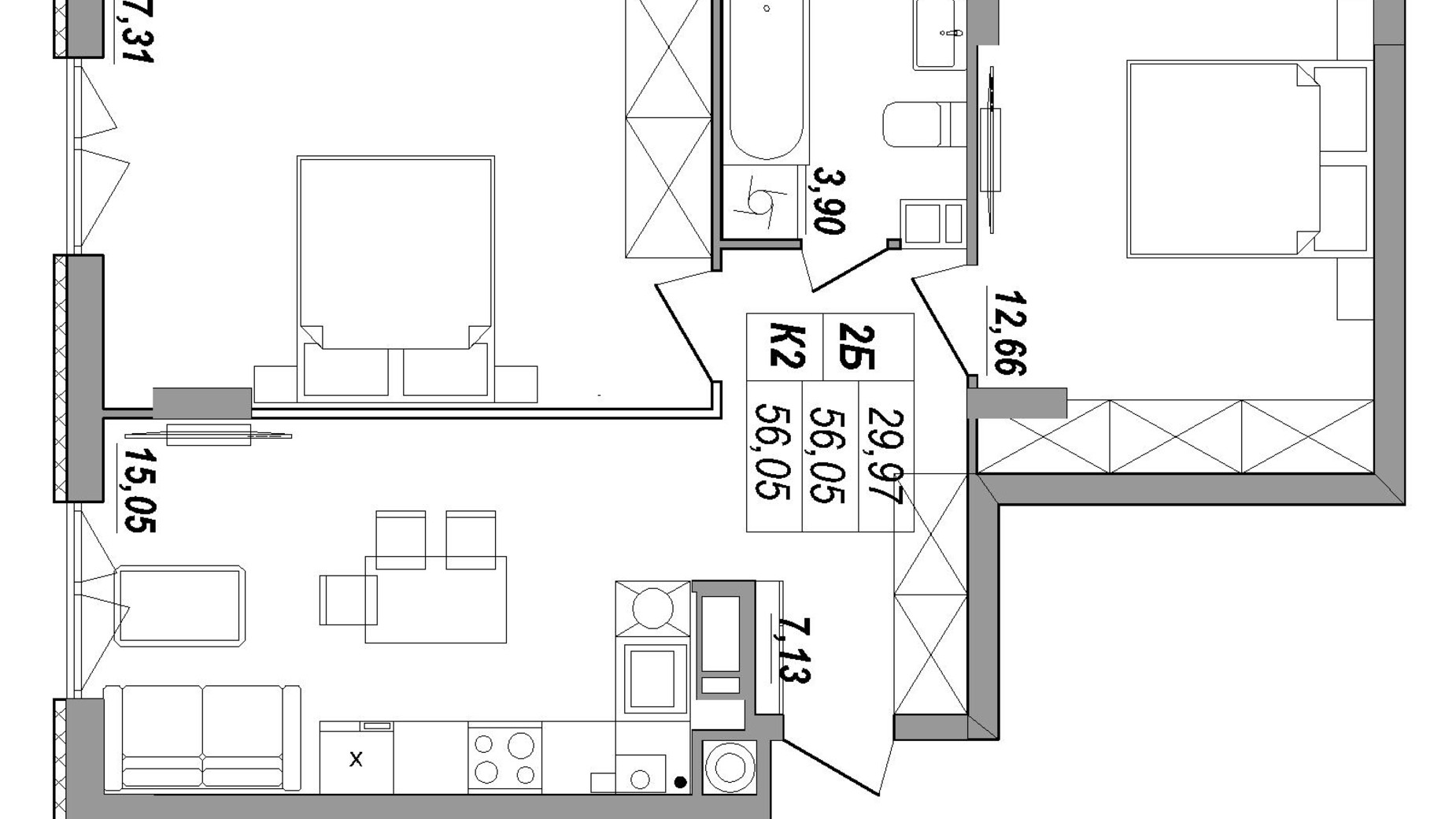 Планування 2-кімнатної квартири в ЖК Сонячна Тераса 56.05 м², фото 550091