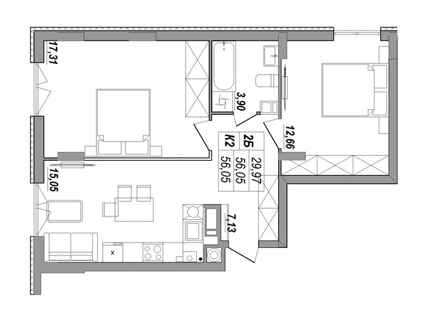 ЖК Солнечная Терраса: планировка 2-комнатной квартиры 56.05 м²