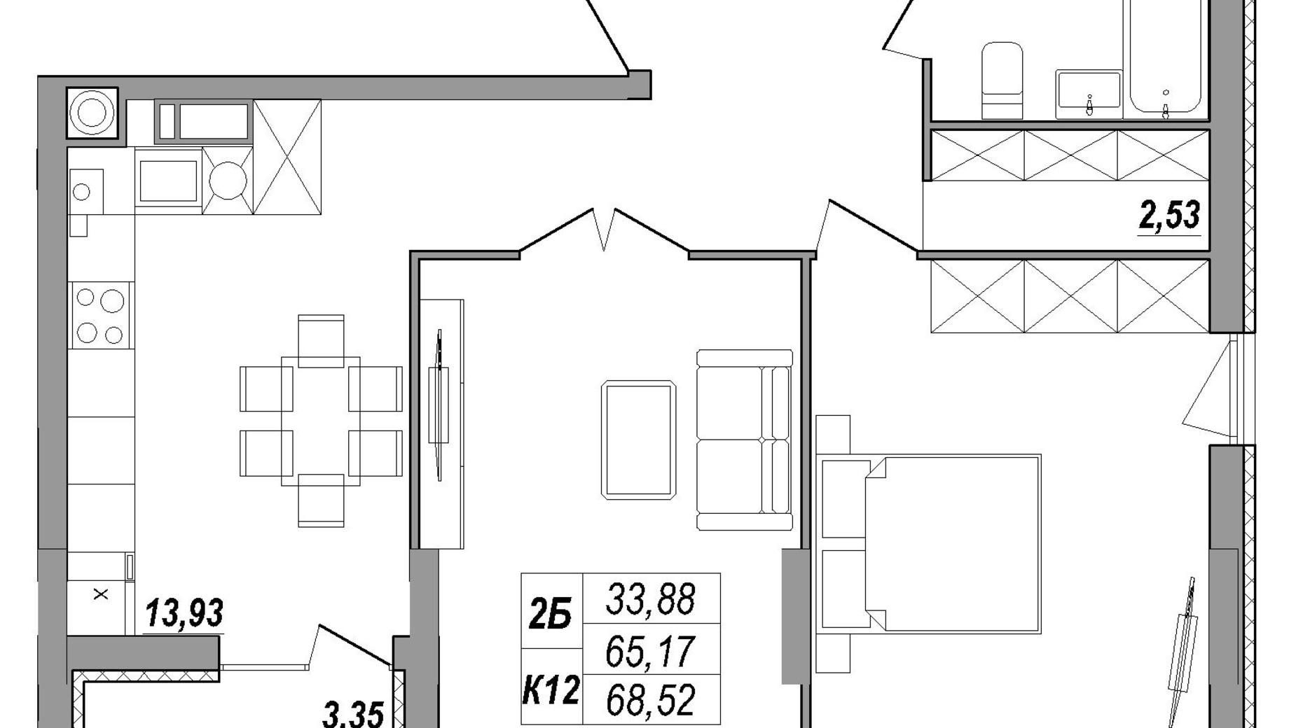 Планировка 2-комнатной квартиры в ЖК Солнечная Терраса 68.52 м², фото 550093