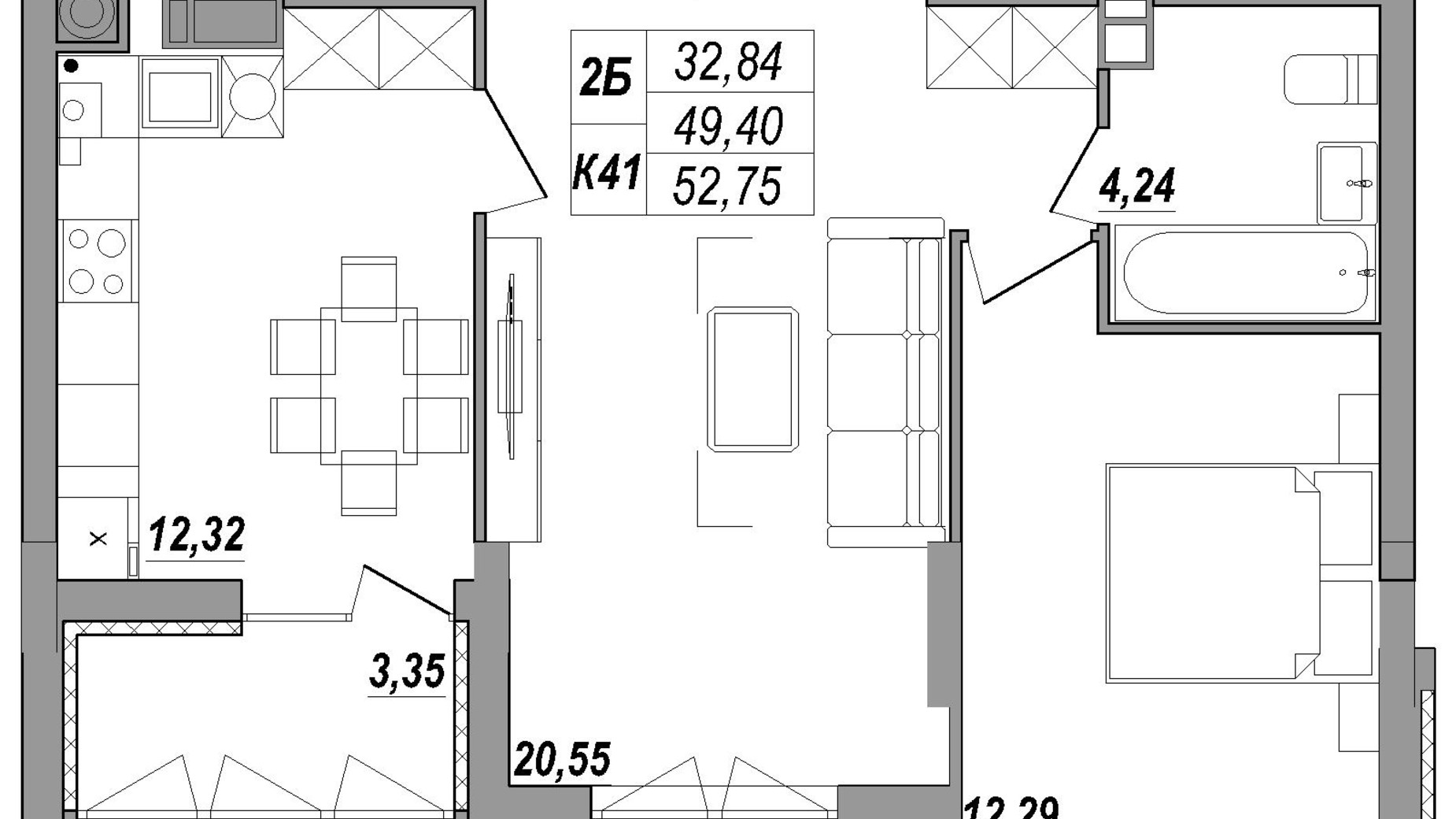 Планировка 2-комнатной квартиры в ЖК Солнечная Терраса 52.75 м², фото 550094