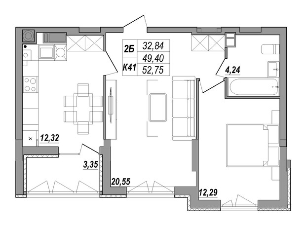ЖК Солнечная Терраса: планировка 2-комнатной квартиры 52.75 м²