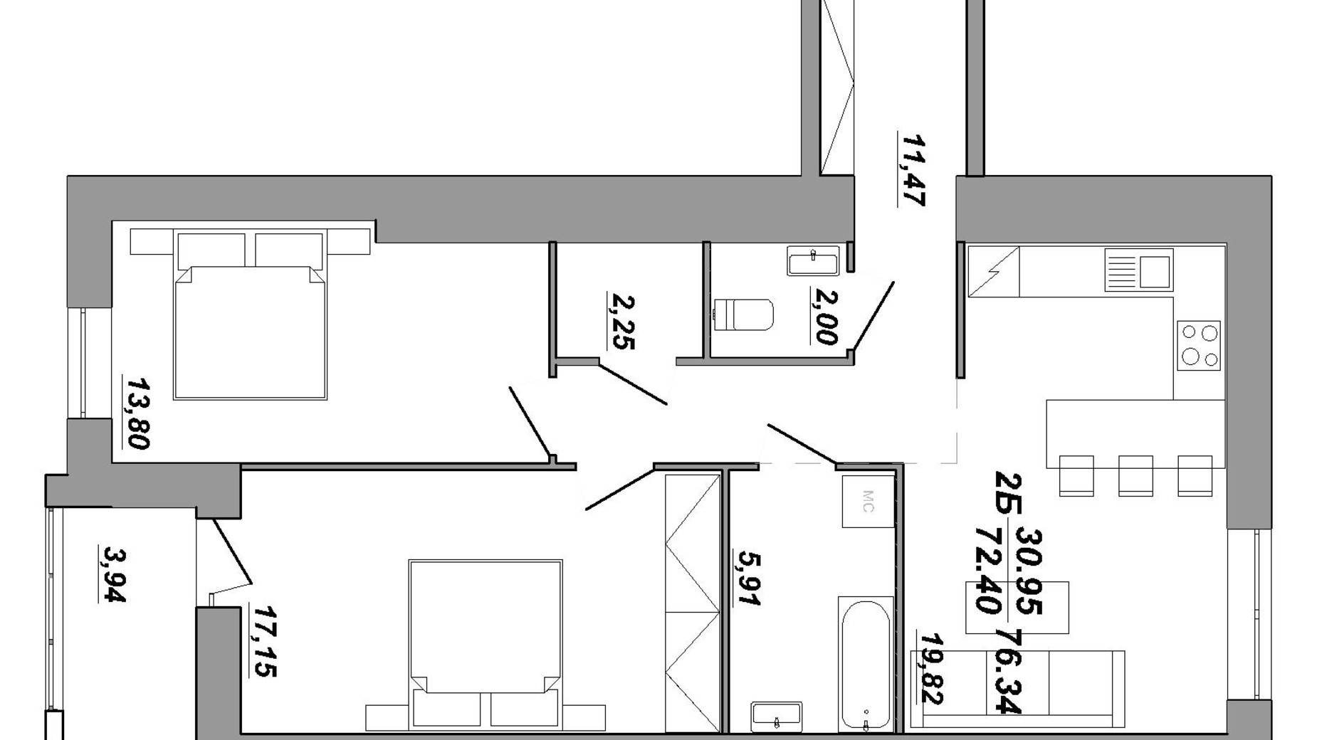 Планування 2-кімнатної квартири в ЖК Рідний дім 76.6 м², фото 550096