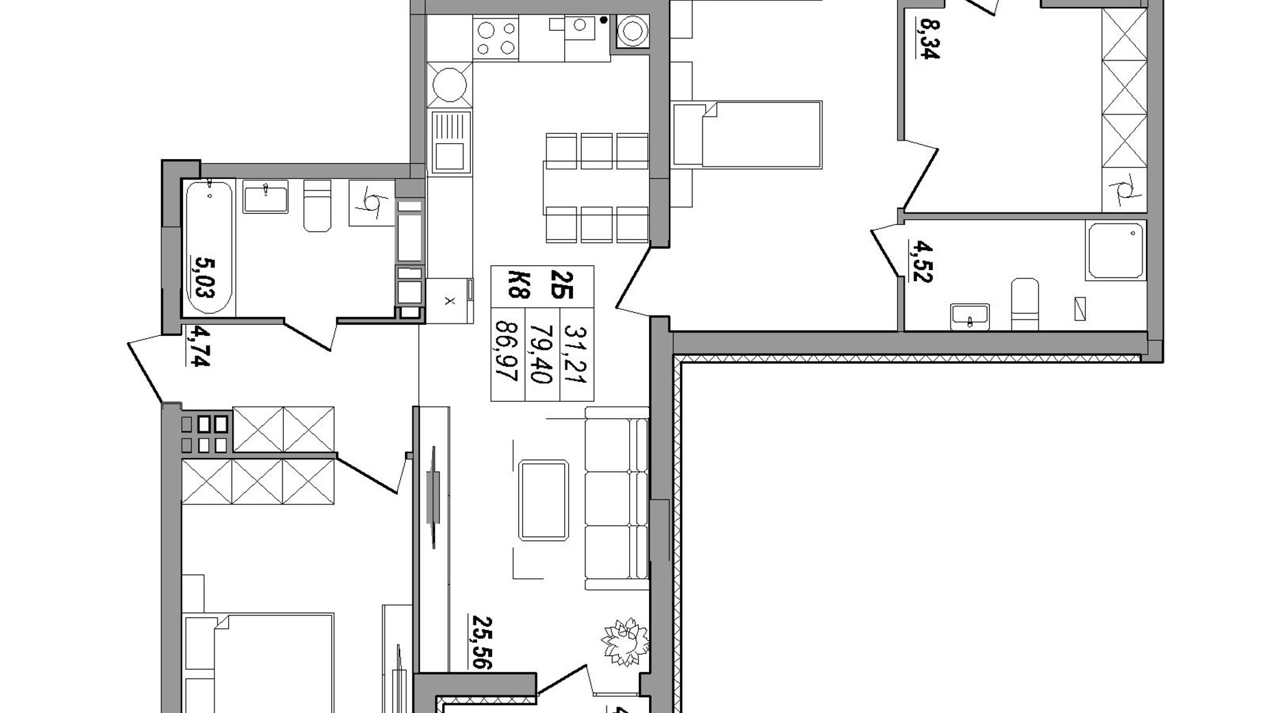 Планировка 2-комнатной квартиры в ЖК Солнечная Терраса 86.97 м², фото 550097