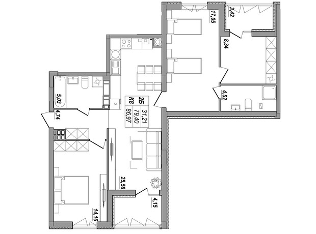 ЖК Сонячна Тераса: планування 2-кімнатної квартири 86.97 м²