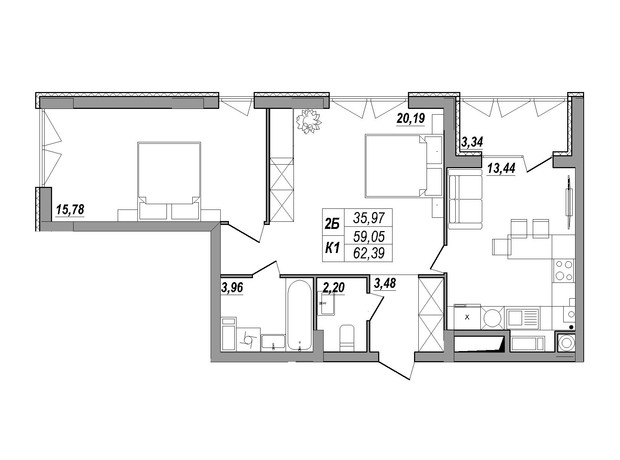 ЖК Солнечная Терраса: планировка 2-комнатной квартиры 62.39 м²