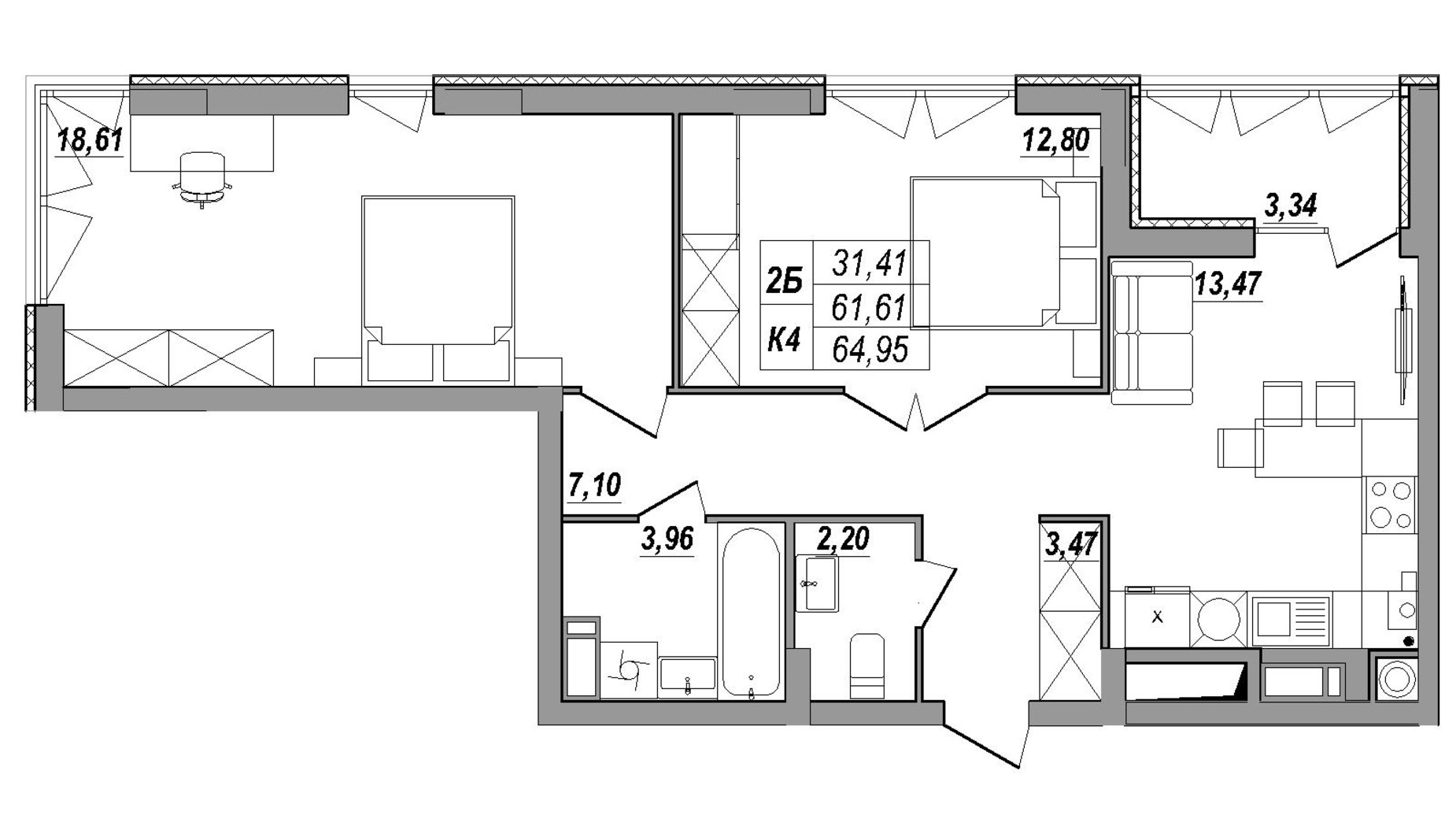 Планировка 2-комнатной квартиры в ЖК Солнечная Терраса 64.95 м², фото 550105
